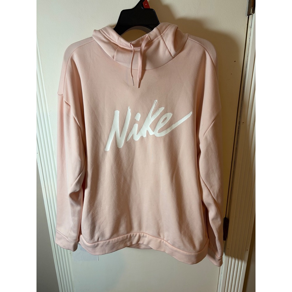 Nike Womens Pink Script Logo Funnel Neck Pullover Hoodie Size Large